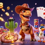 Win big at new88 with a vibrant, action-packed 3D casino illustration featuring a dinosaur, cactus, and roadrunner that embody your winning spirit!
