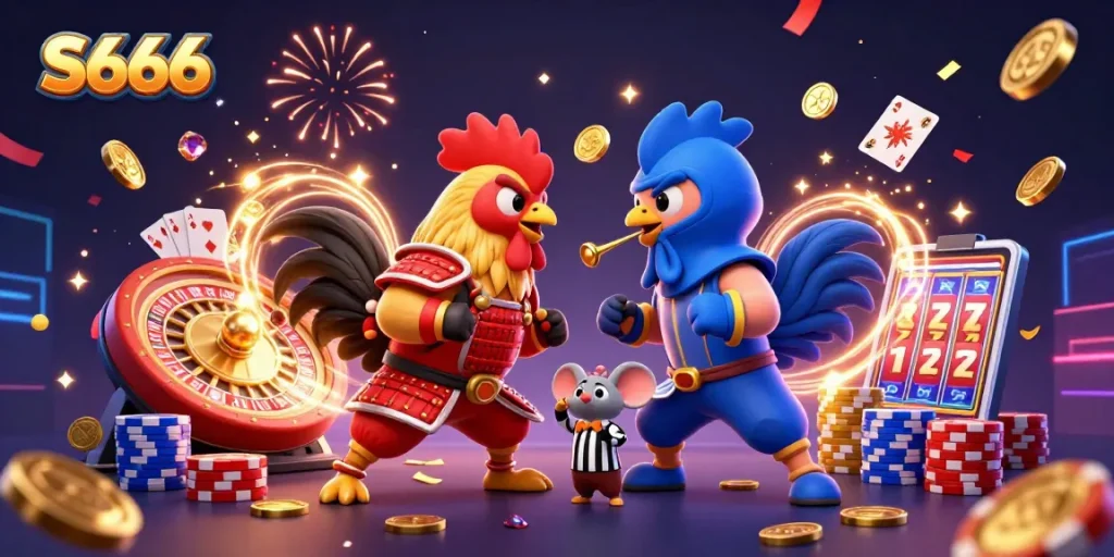 S666 highlights twin roosters in a dramatic gambling showdown amidst coins and colorful casino elements.