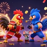 S666 highlights twin roosters in a dramatic gambling showdown amidst coins and colorful casino elements.