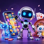 Engage with the vibrant world of s8inc, where a holographic dragon and chrome robot showcase thrilling casino games.