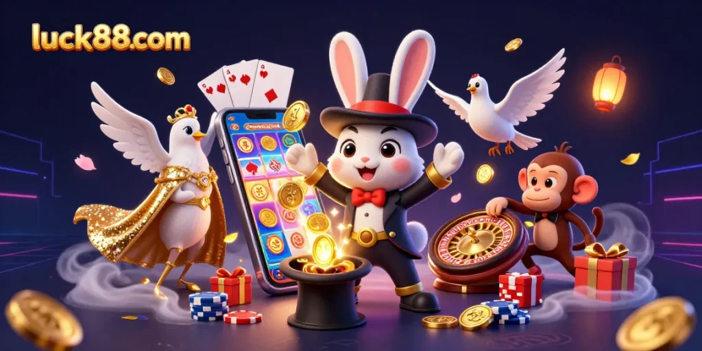 Engage with luck88com's thrilling casino world, featuring a magician rabbit, a glamorous dove, and a playful monkey!