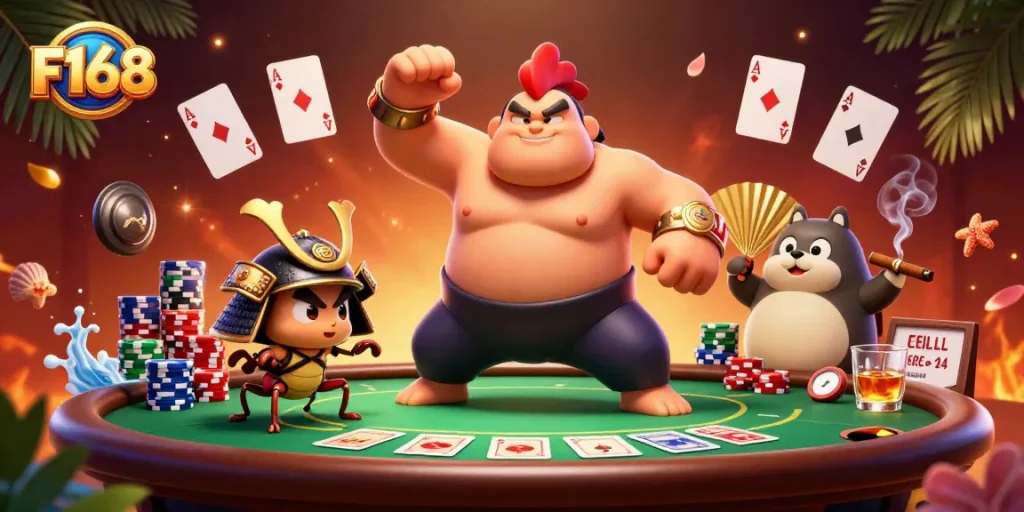 Experience thrilling moments at F168 with vibrant poker action featuring a powerful rooster and samurai cricket.