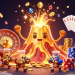 Experience the excitement of LLWIN with gold coins cascading, a triumphant volcano, and iconic casino elements.