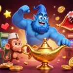 Alo789 introduces exciting gaming with a genie and a monkey, surrounded by vibrant casino elements.