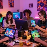 Group enjoying an ecchi game session with vibrant gaming setup and devices