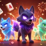 Engage with the vibrant btats casino world featuring a mystical wolf trio amidst floating casino symbols and joyous celebration.