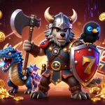 Engage with hitclub's vibrant gaming atmosphere featuring a Viking wolf, dragon, and a raven in a dynamic casino illustration.