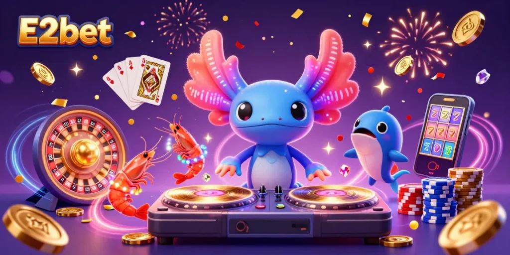 E2bet's vibrant 3D illustration showcasing a neon-colored DJ axolotl and dynamic casino elements.