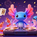 E2bet's vibrant 3D illustration showcasing a neon-colored DJ axolotl and dynamic casino elements.