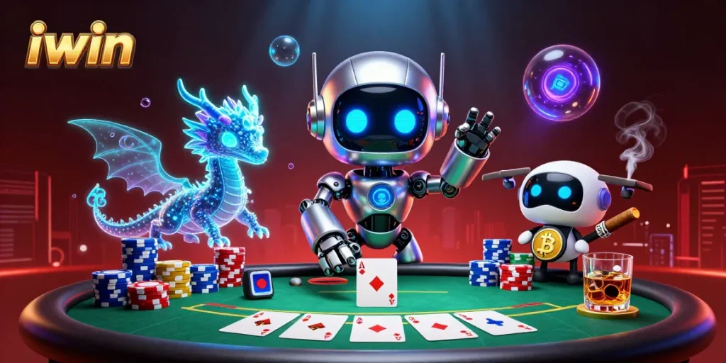 iwin robots and a dragon engage players at a poker table in a vibrant casino scene.
