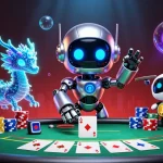 iwin robots and a dragon engage players at a poker table in a vibrant casino scene.