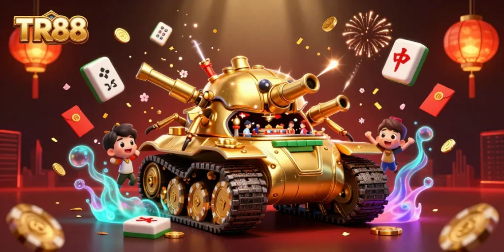 Experience the excitement of gaming at TR88 with a vibrant 3D casino scene featuring unique characters and elements.