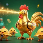 Engage with the dynamic o8 golden rooster robot and chick drones amidst vibrant crypto elements.
