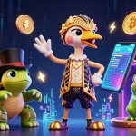 Spin the reels with OKTK at a vibrant casino scene featuring animated characters and crypto elements.
