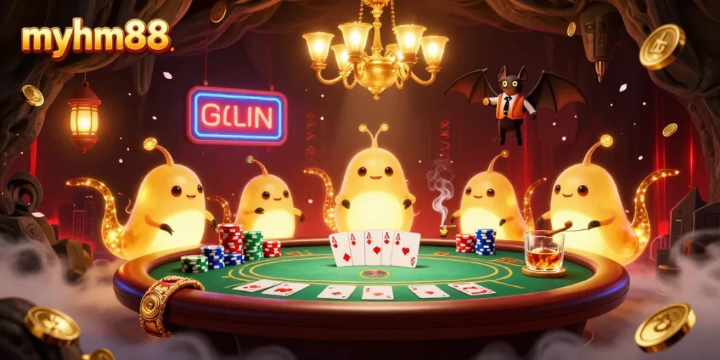 Playing poker at myhm88 with glowing glowworms lighting up the casino atmosphere, showcasing rich elements.
