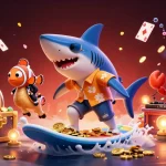 Experience the excitement of 7c777 with a shark surfer, slot reels, and vibrant coral scenery.
