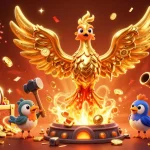 Play exciting games at ee88, featuring a golden phoenix emerging from a forge surrounded by vibrant casino elements.