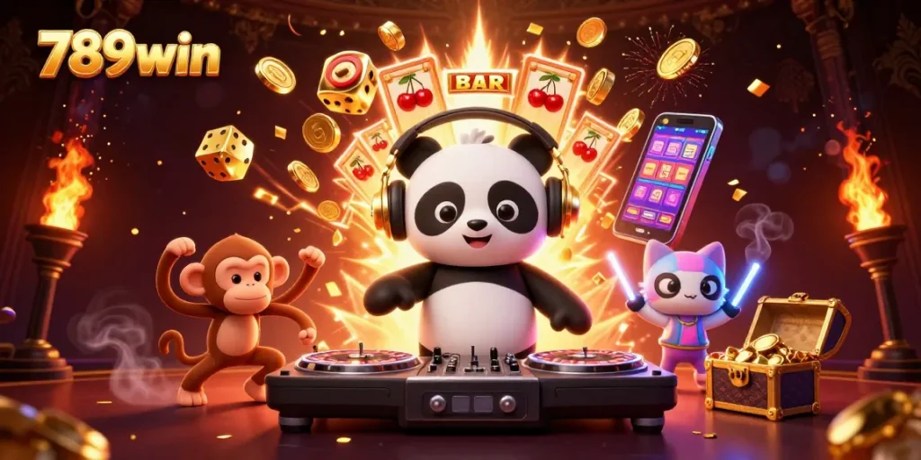 Engage with 789win's exciting casino vibe through a vibrant 3D rendering of playful characters.