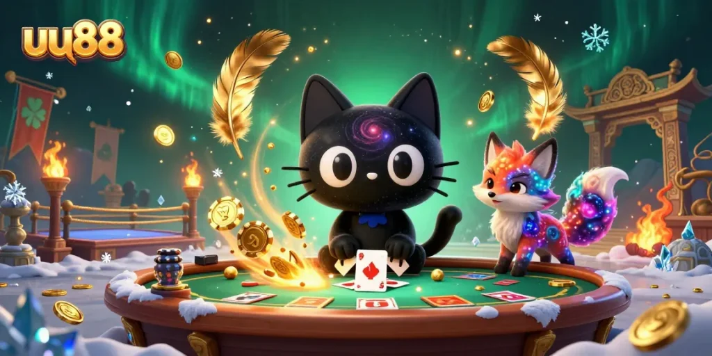 uu88 cat pulls in chips in cosmic casino scene featuring colorful gas fox companion
