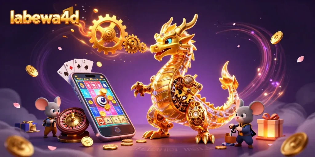 labewa4d menampilkan permainan slot dengan karakter naga emas dan ulah teknik di latar belakang.