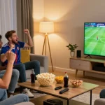 Excited friends watching live football match, شاهد البث هنا for the best moments, with snacks and jerseys in a cozy living room.