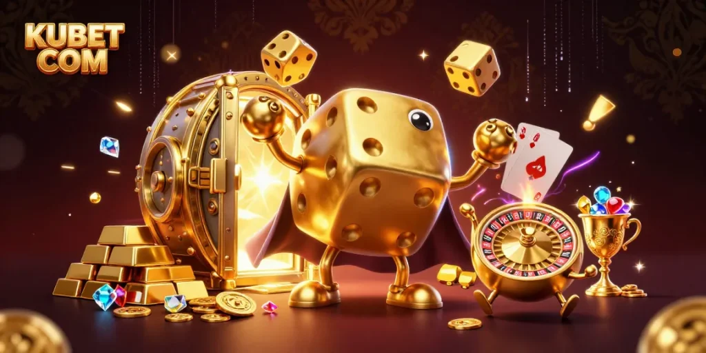 Win big with KUBET COM's dazzling casino games and gold-filled treasures in this vibrant 3D illustration.