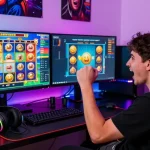 Player celebrating a win on link slot gacor with vibrant gaming setup.