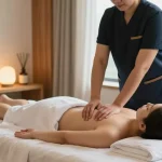 Relaxing 강남출장안마 scene with a client receiving a soothing massage in a tranquil spa environment.
