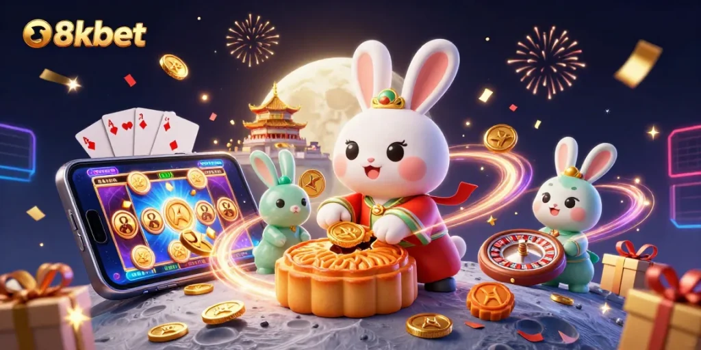 Engage with exciting gaming experiences at 88kbet, featuring a moon rabbit, poker chips, and vibrant casino elements.