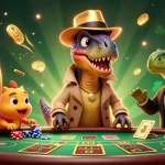 Experience thrilling gaming adventures at Sunwin 2026 with cartoon velociraptor card counter amid a vibrant casino scene.