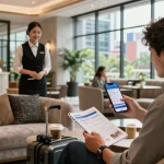 Traveler booking a hotel through https://rokok88.com in a stylish lobby with modern decor.