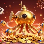 Experience the excitement of slots and games at sunwin with a vibrant 3D illustration of a golden kraken submarine.