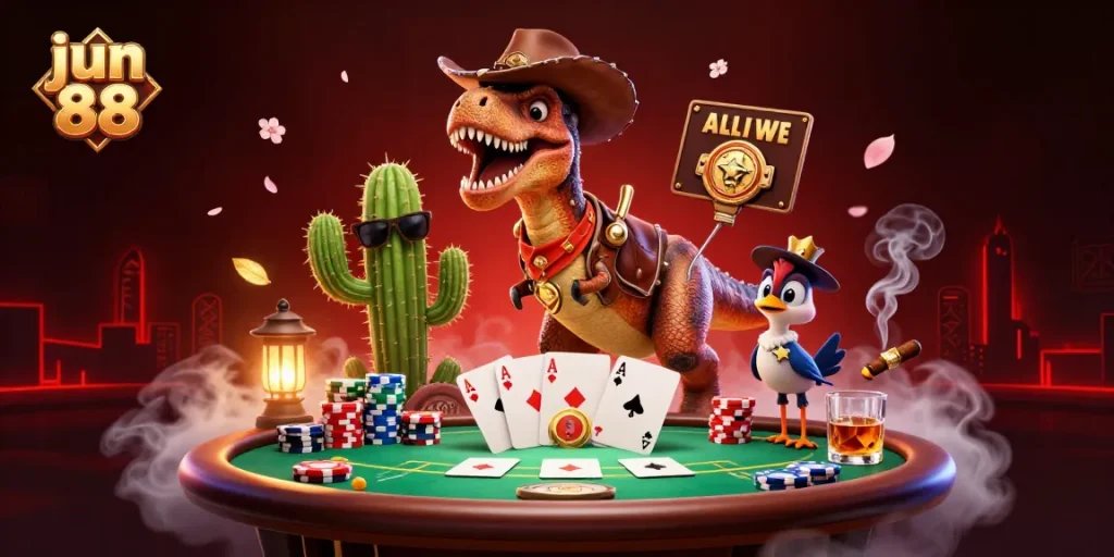 Experience dynamic poker action with jun 88 featuring a cowboy dinosaur, cactus, and roadrunner.