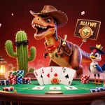 Experience dynamic poker action with jun 88 featuring a cowboy dinosaur, cactus, and roadrunner.