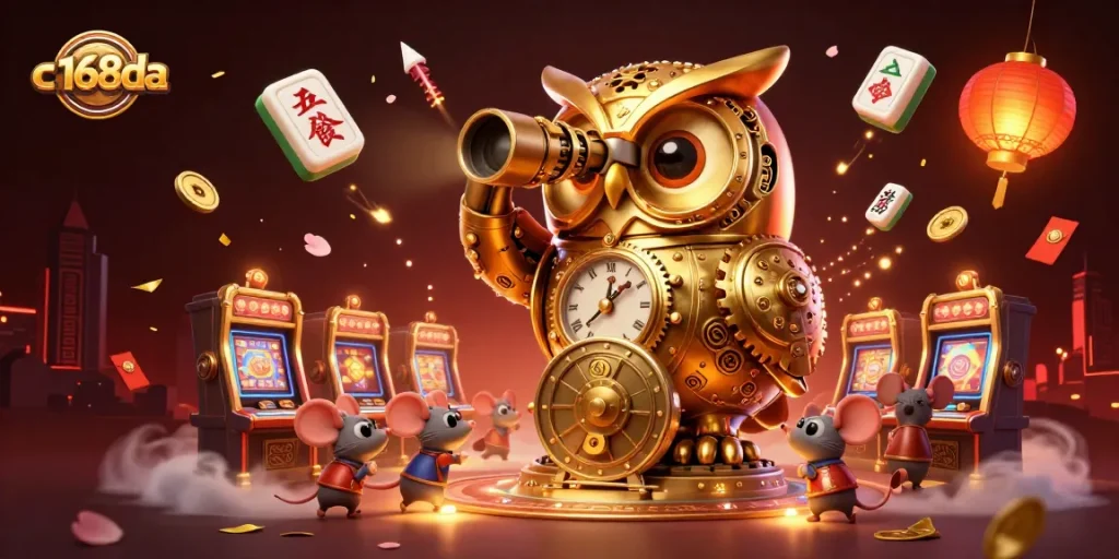 Experience the thrill of c168da with a golden owl and vibrant casino elements.