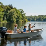 Family enjoying a day on the lake with an outboard motor for small boat, fishing gear and picnic setup enhancing adventure.
