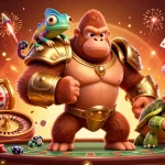 Play thrilling games at Red88 with a powerful gorilla king, spinning poker chips, and ancient scroll.