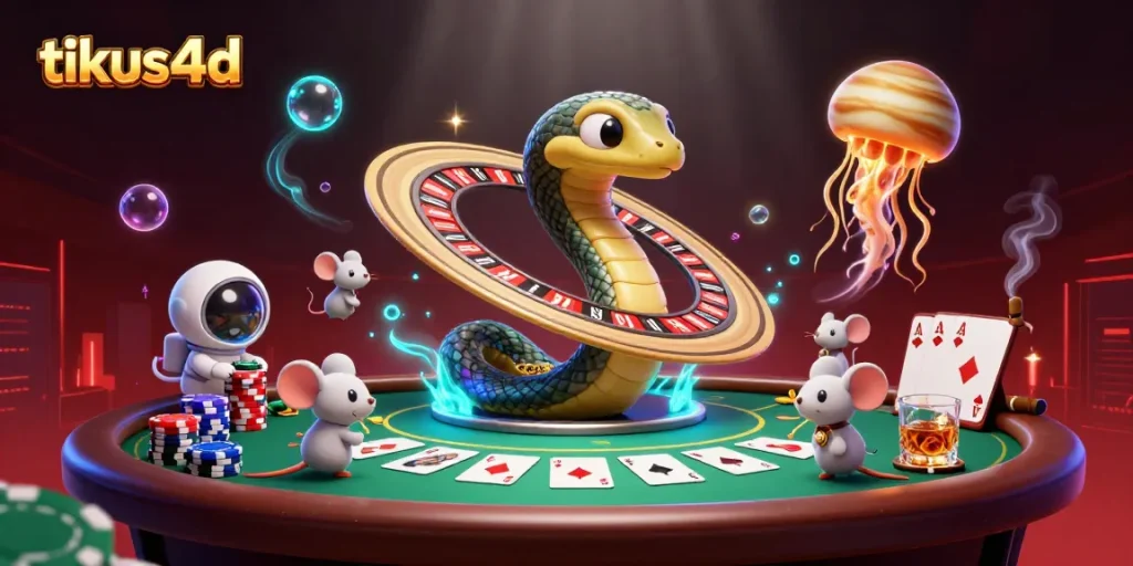Engage in thrilling bets with tikus4d surrounded by vibrant cosmic gaming elements and cartoon characters.