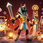 Engage with BTY6137 in a vibrant casino scene featuring Anubis and Bastet among gaming treasures.