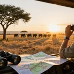 NAGA2000 traveler witnessing wildlife at Kidepo Valley National Park during sunset, capturing the essence of safari adventures.