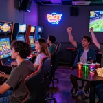Friends enjoying the naga slot game in a vibrant gaming lounge filled with LED lights.