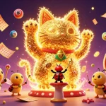 Experience thrilling gaming with jcm88's vibrant 3D casino illustration, featuring a lucky cat and dynamic lottery elements.