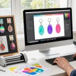Creative workspace featuring custom keychains designs and prototypes, showcasing vibrant acrylic, metal, and holographic styles.